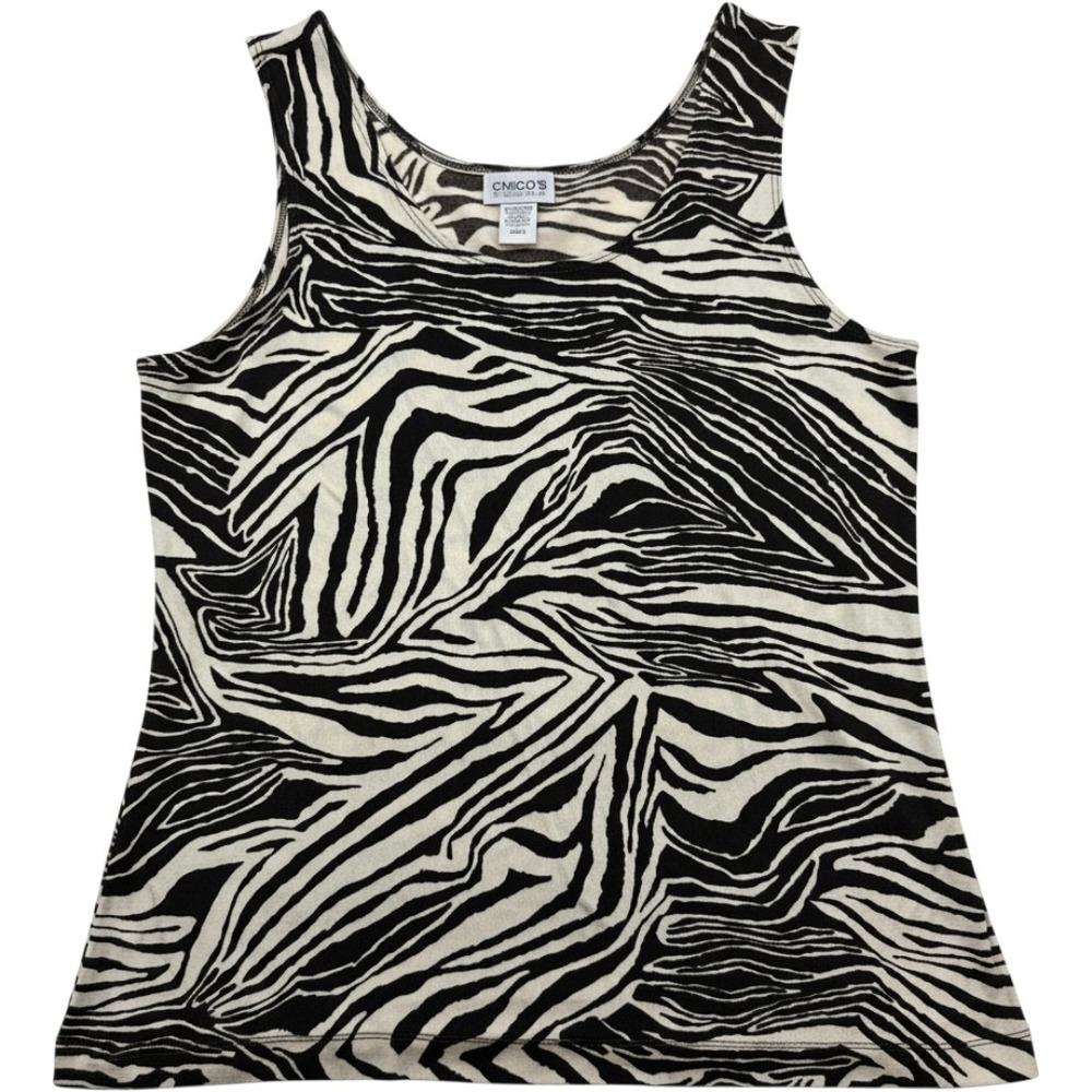Chicos Travelers Zebra Print Tank Top Size 3 XL Black White Animal Scoop Neck